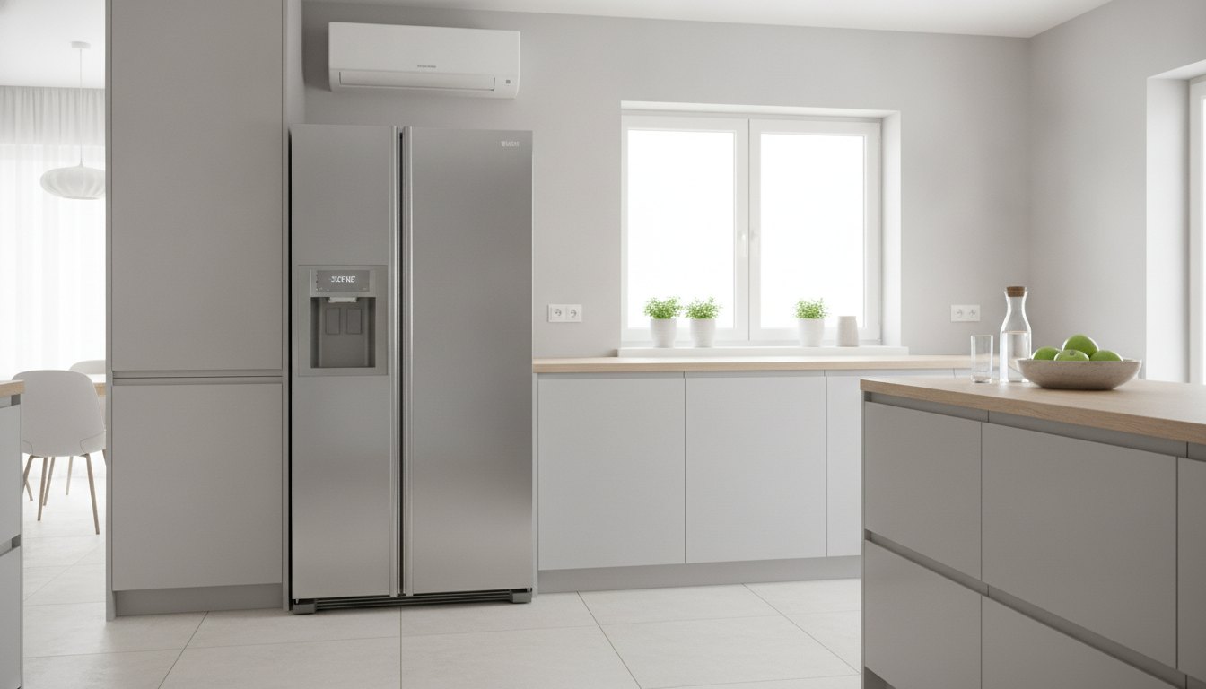 Cozinha moderna iluminada com geladeira de aço escovado e ar-condicionado branco instalado na parede.
