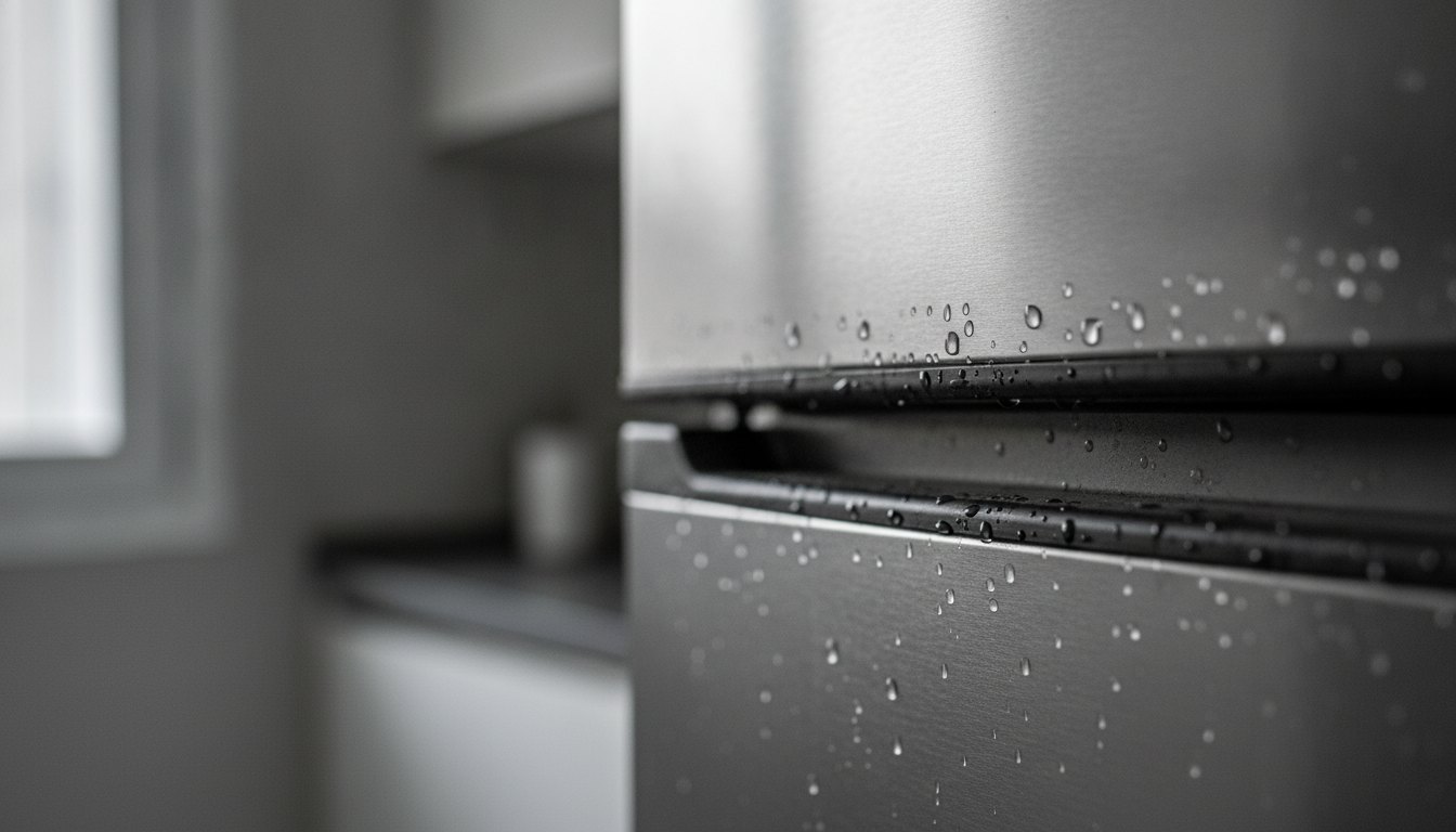 Gotas de água acumuladas na superfície metálica e na borracha de vedação de um refrigerador.