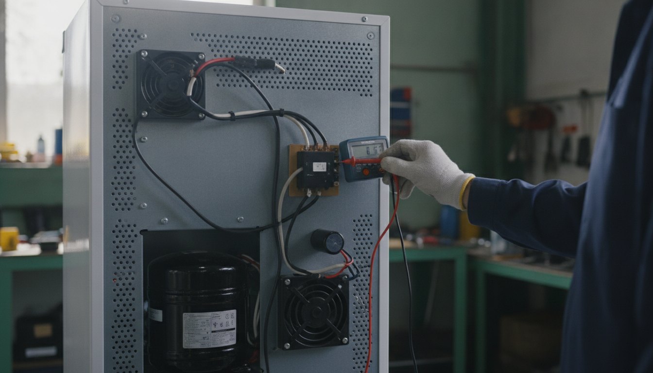 Técnico especializado usando multímetro para medir a corrente elétrica no painel traseiro de um refrigerador.