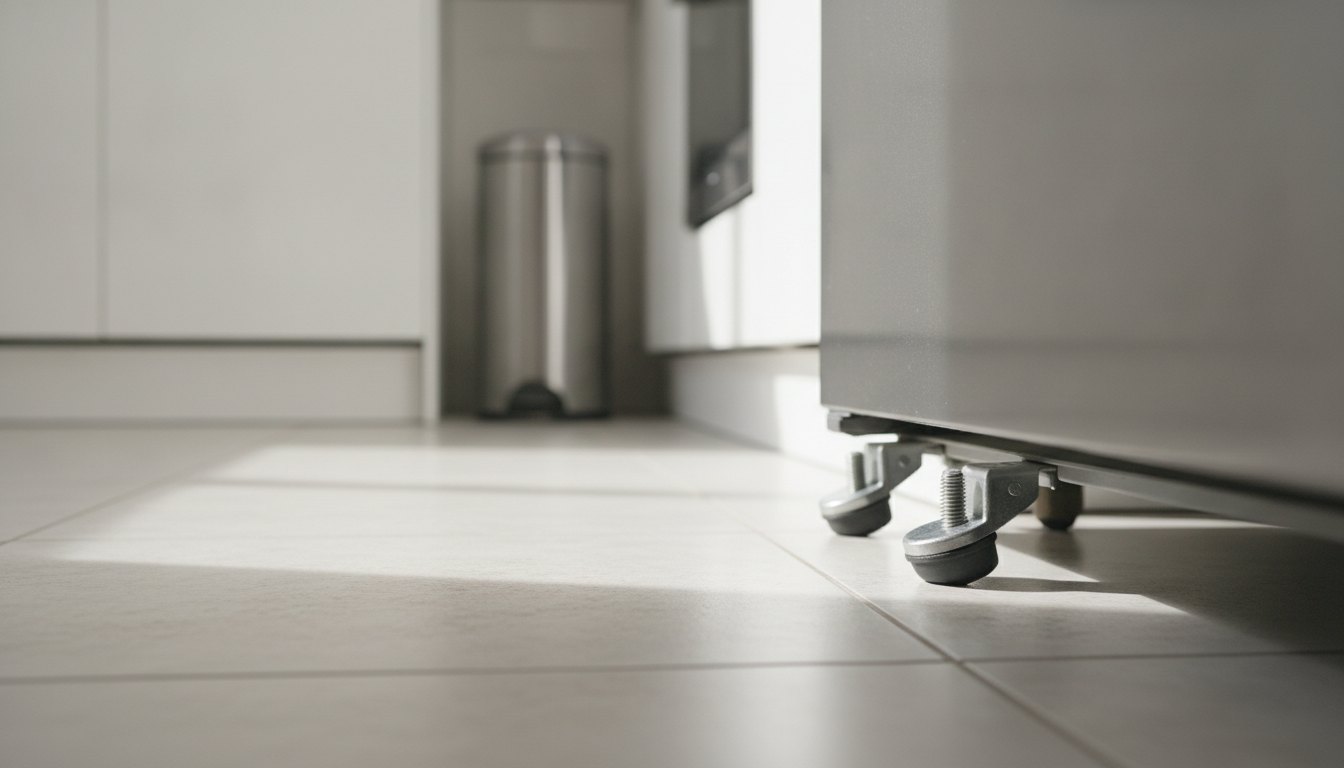 Pés niveladores de uma geladeira metálica ajustados sobre um piso de cerâmica clara na cozinha.