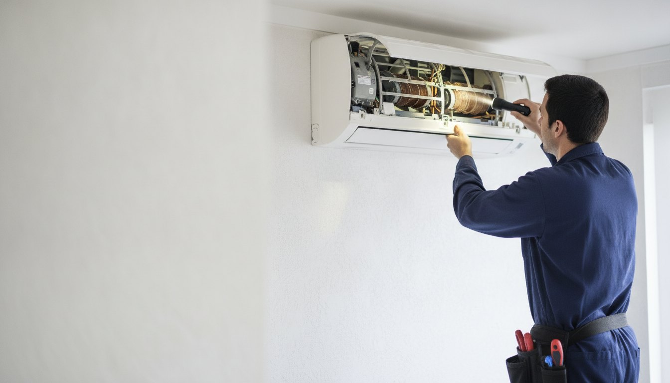 Técnico especializado com uniforme inspecionando o interior de um ar-condicionado de parede com uma lanterna.