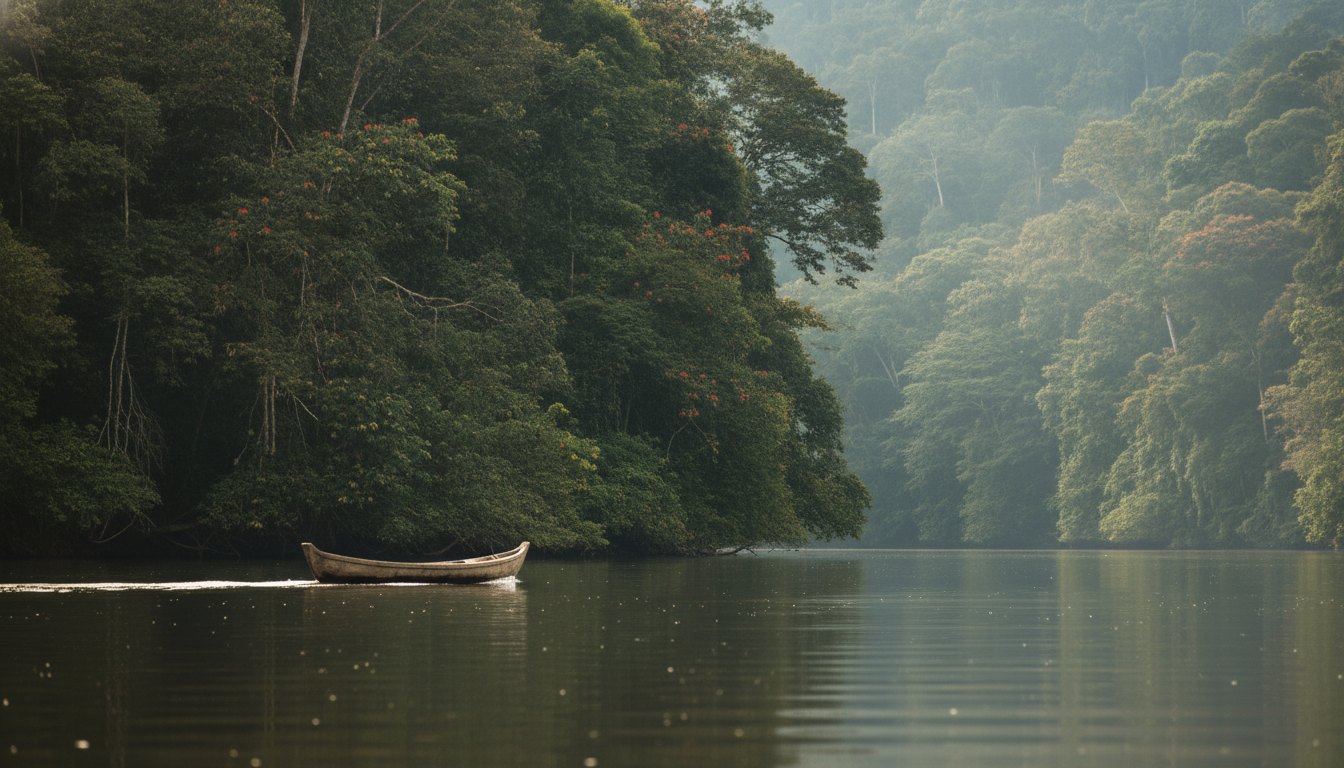 Indígenas navegando em canoa de madeira por um rio largo cercado por floresta densa.