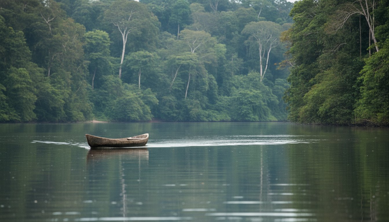 Indígenas em uma canoa navegando por um rio amazônico cercado por floresta densa e verde.