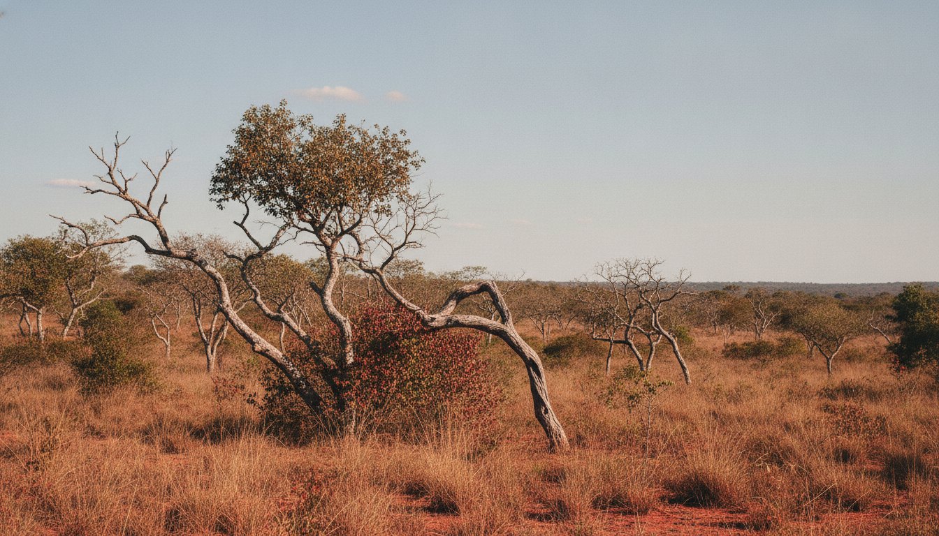 Paisagem de cerrado com vegetação rasteira e árvores de troncos retorcidos sob um céu claro.