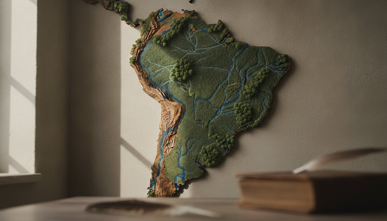 Mapa da América do Sul destacando rios sinuosos e áreas de floresta tropical densa.