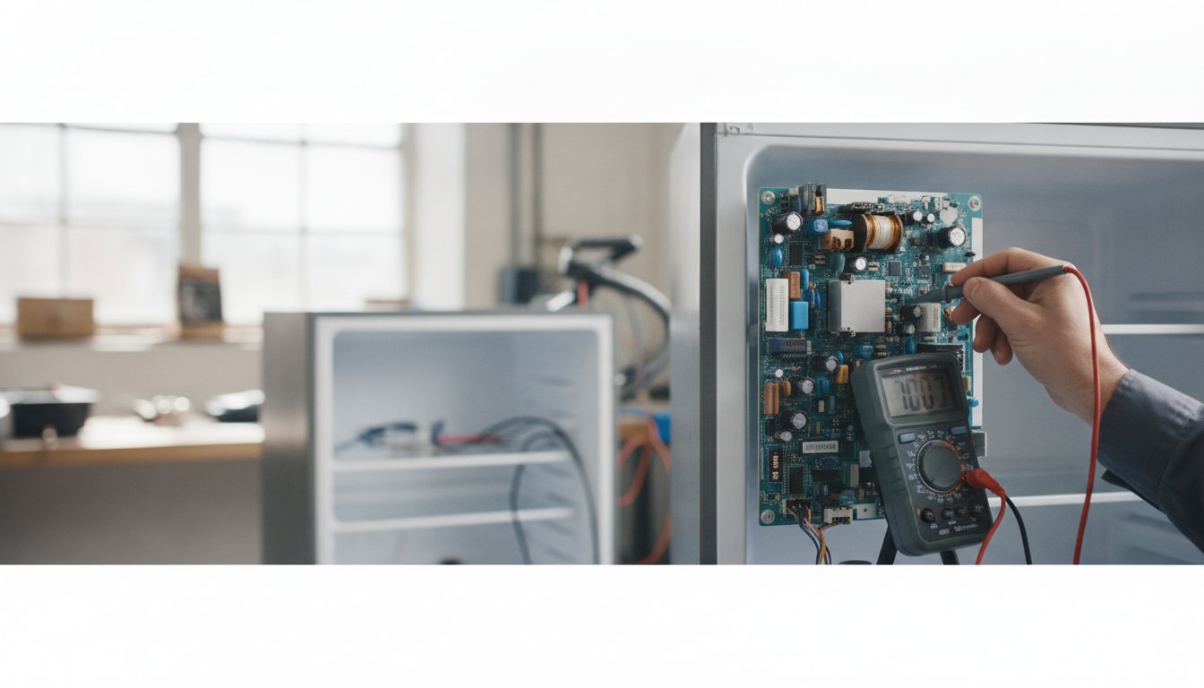 Técnico medindo os componentes da placa eletrônica de uma geladeira com um multímetro.