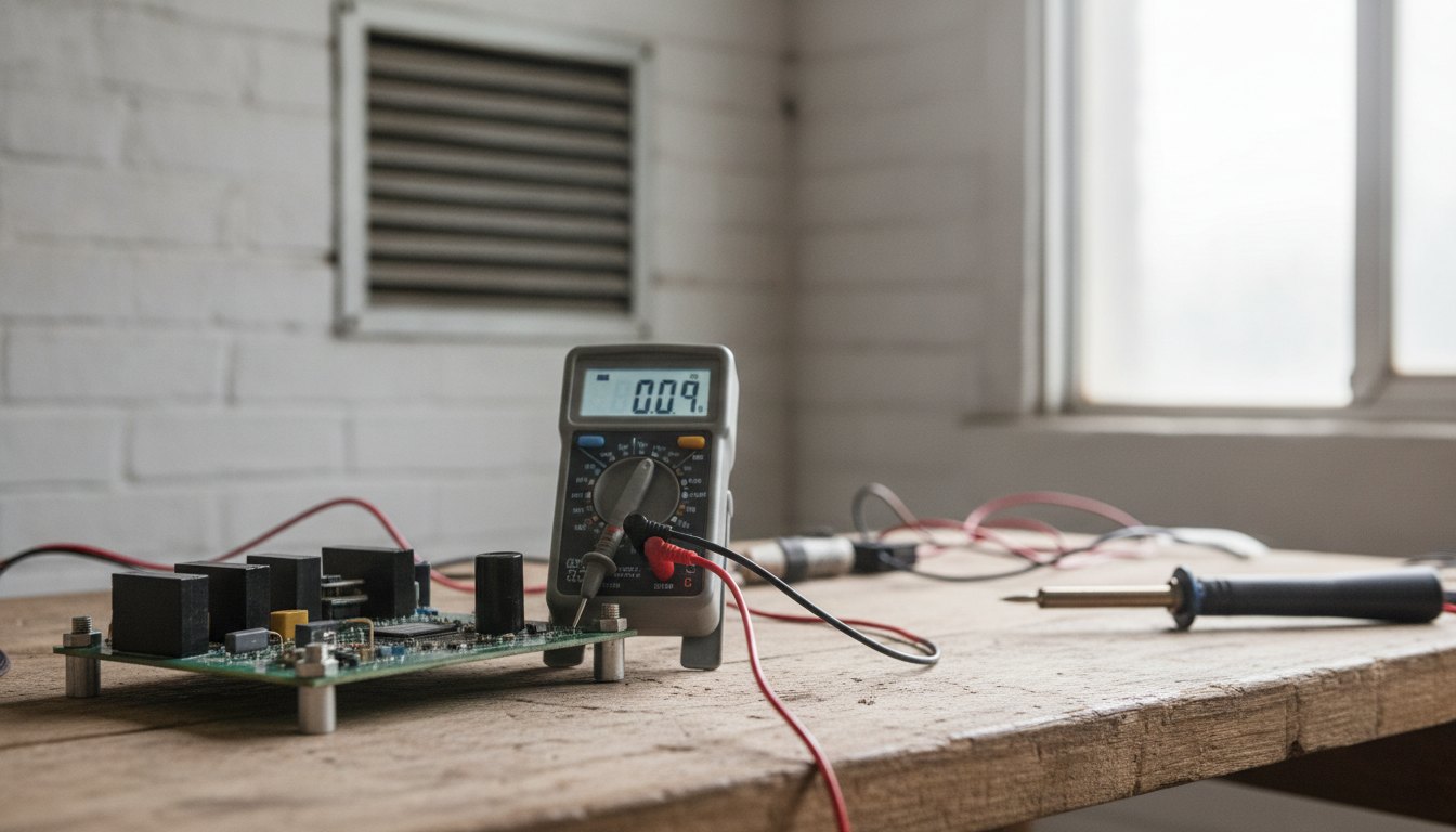 Técnico utilizando um multímetro para testar a resistência elétrica de um sensor na placa.