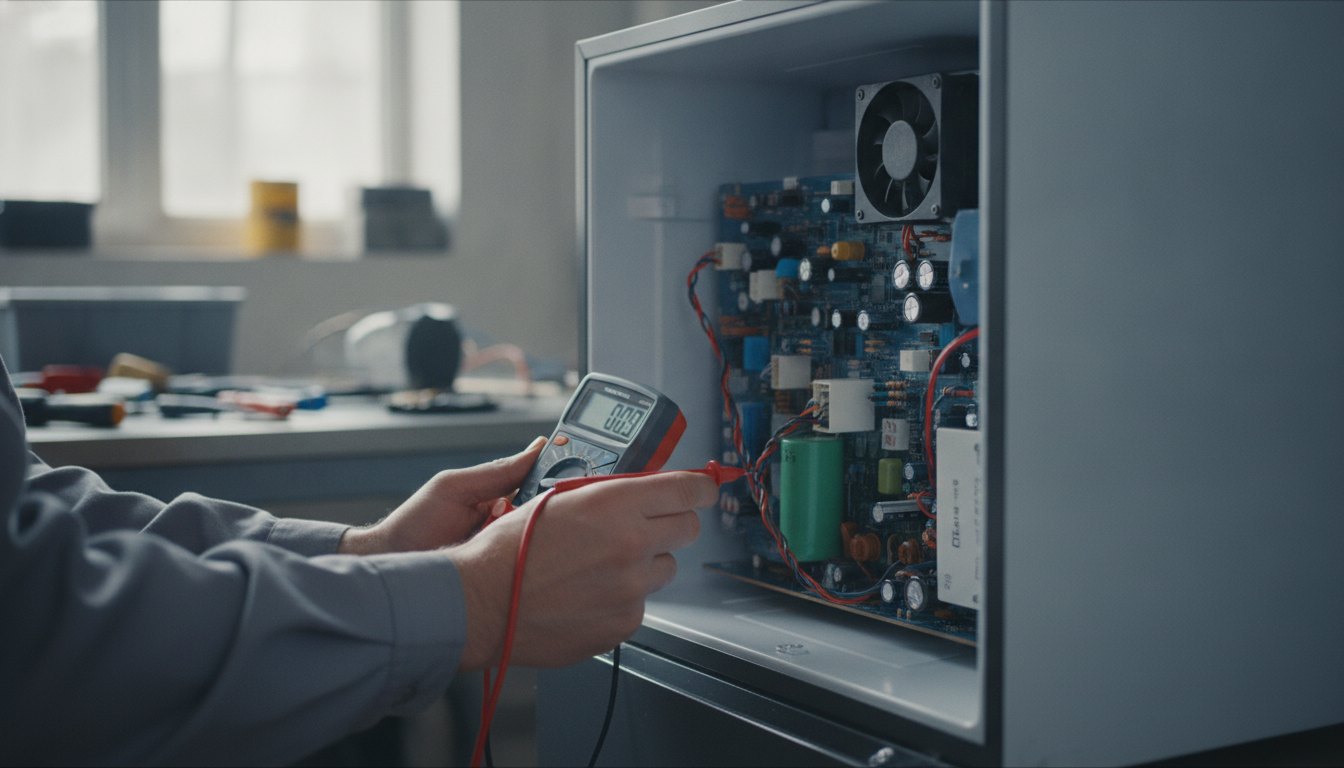 Técnico utilizando um multímetro para testar componentes eletrônicos no interior de uma geladeira.