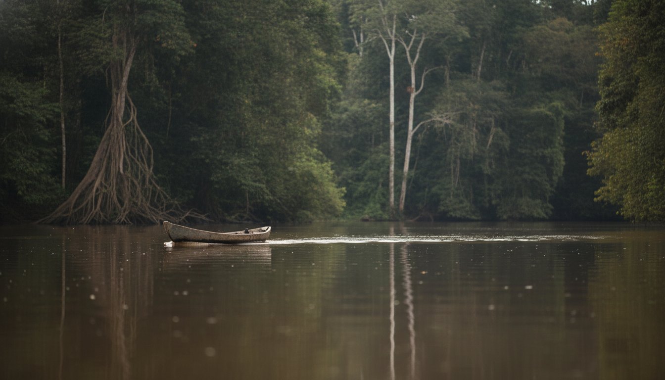 Indígenas navegando em uma pequena canoa de madeira sobre as águas calmas de um rio amazônico.