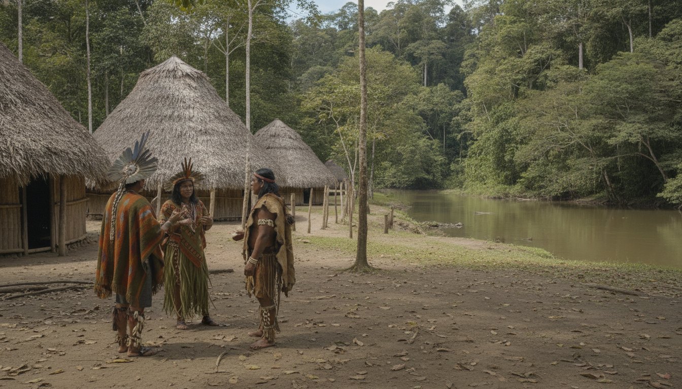 Indígenas em trajes tradicionais conversando em uma aldeia na floresta perto de um rio