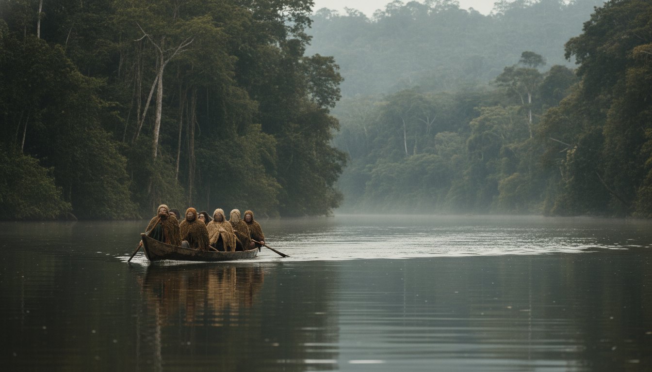 Indígenas em canoa de madeira navegando por um rio largo cercado por floresta densa.