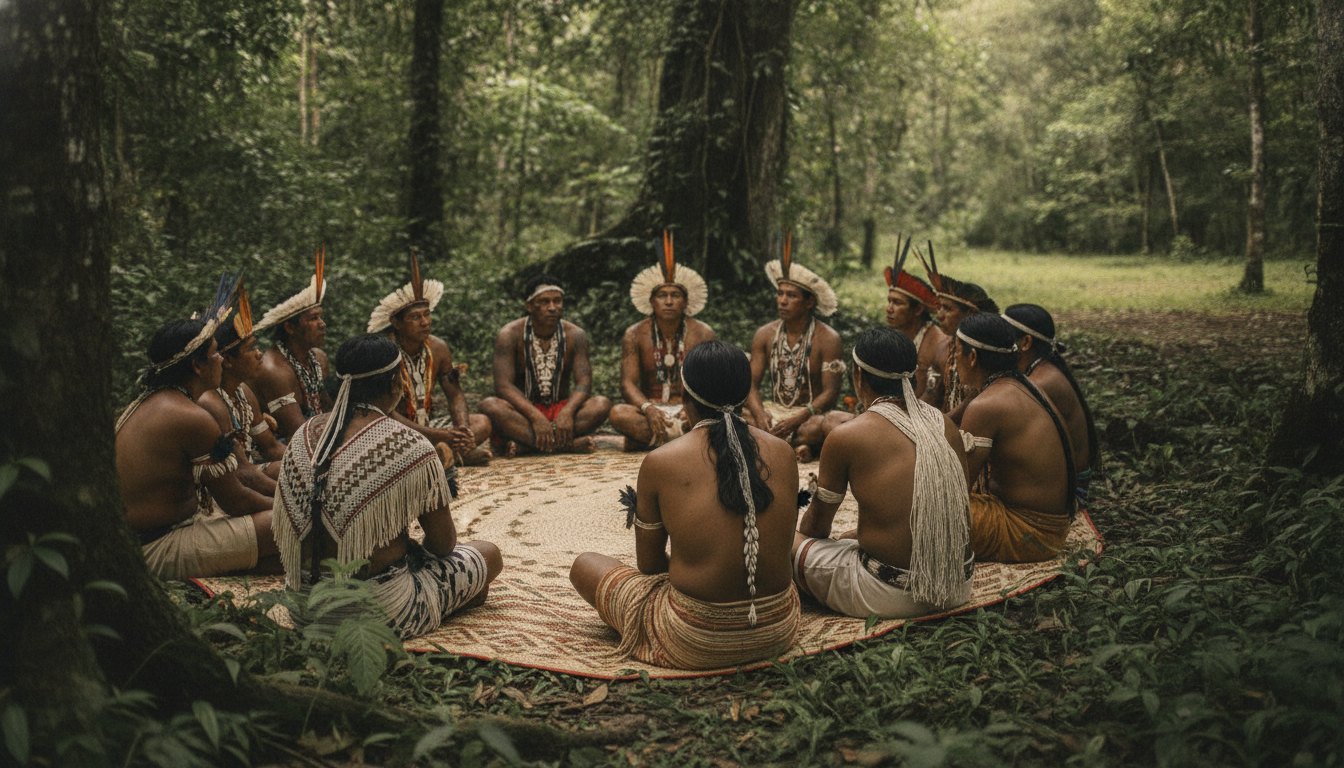 Indígenas de diferentes etnias conversando em uma roda de saberes com trajes tradicionais.