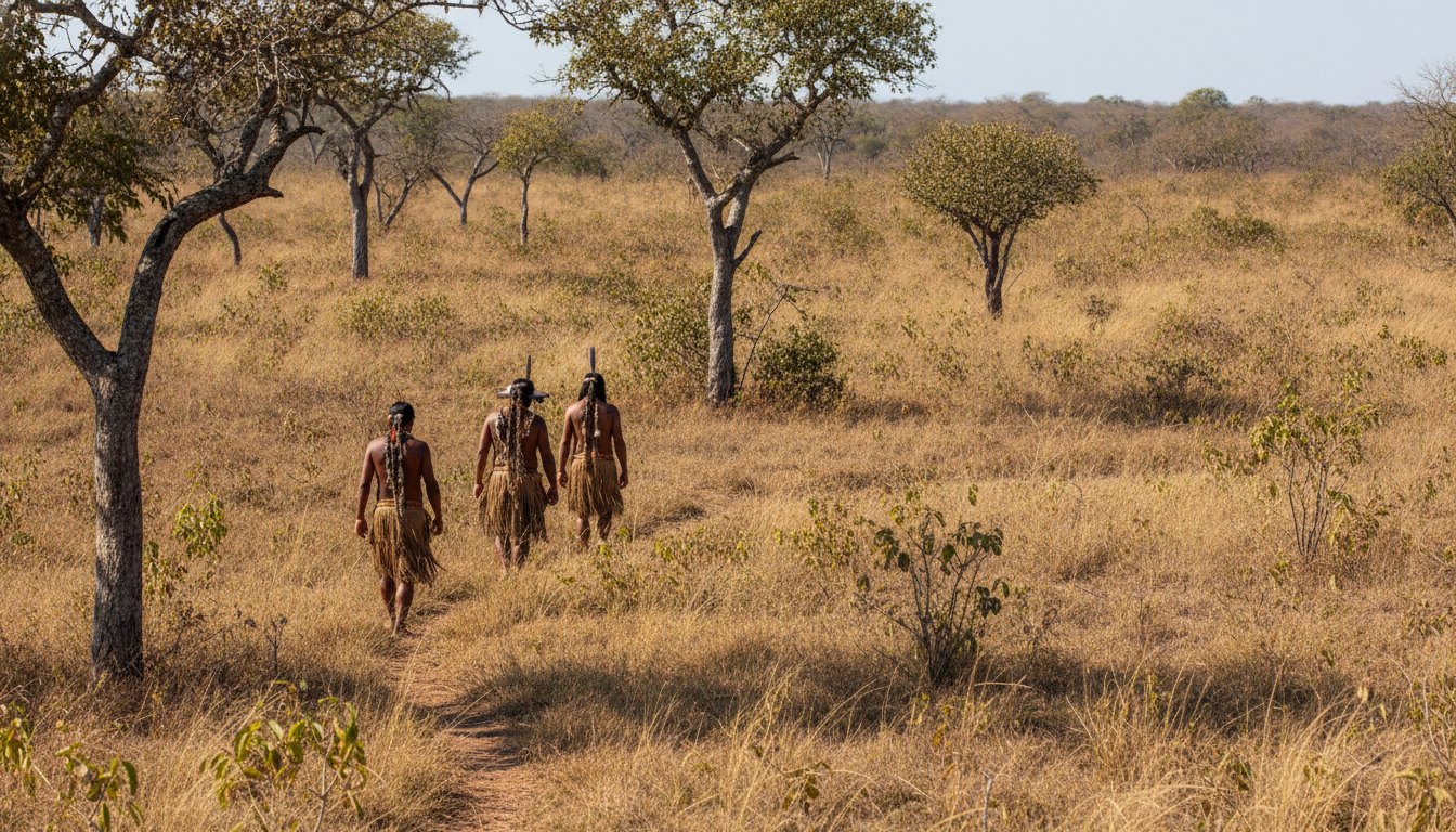 Indígenas caminhando em uma área de cerrado com vegetação rasteira e árvores retorcidas sob sol forte.