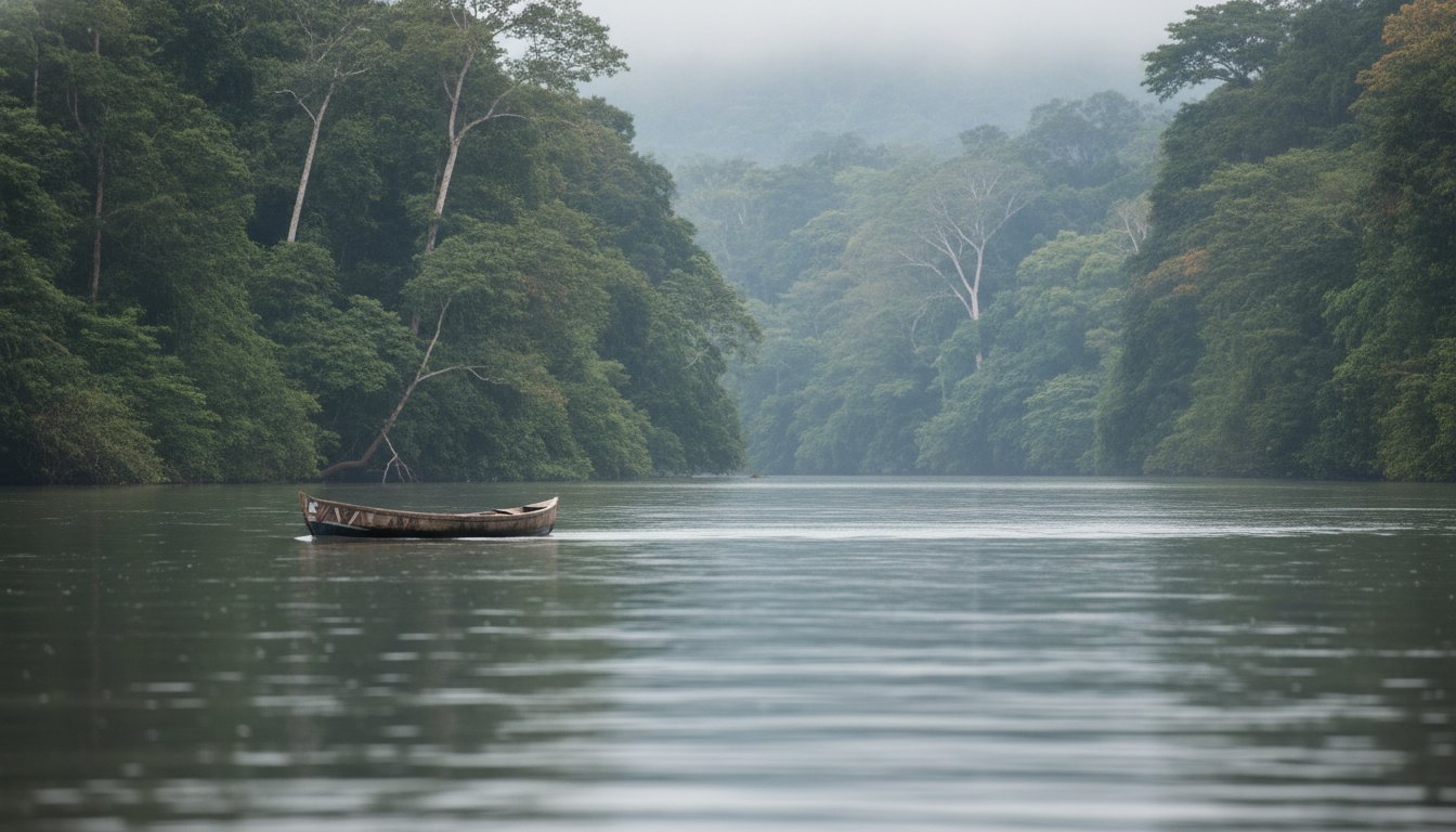 Indígenas em canoa navegando por um rio largo cercado por densa floresta tropical.