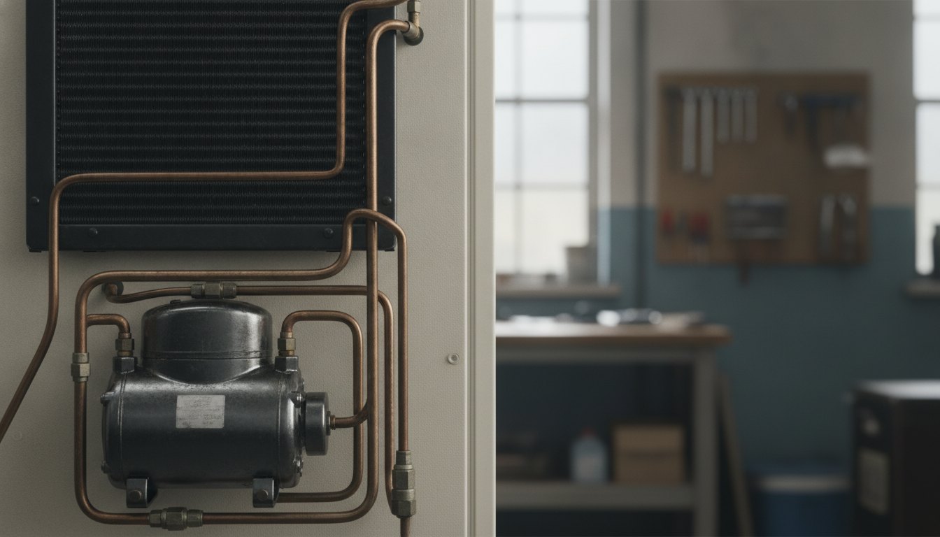 Compressor de refrigeração escuro com tubos de cobre conectados na parte traseira de um eletrodoméstico.