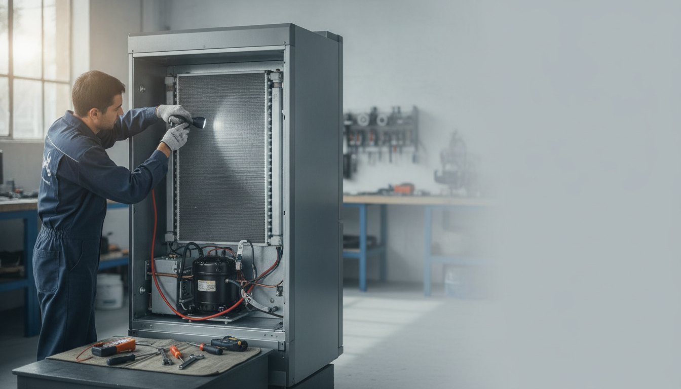 Técnico uniformizado inspecionando o painel traseiro de uma geladeira com uma lanterna e ferramentas.