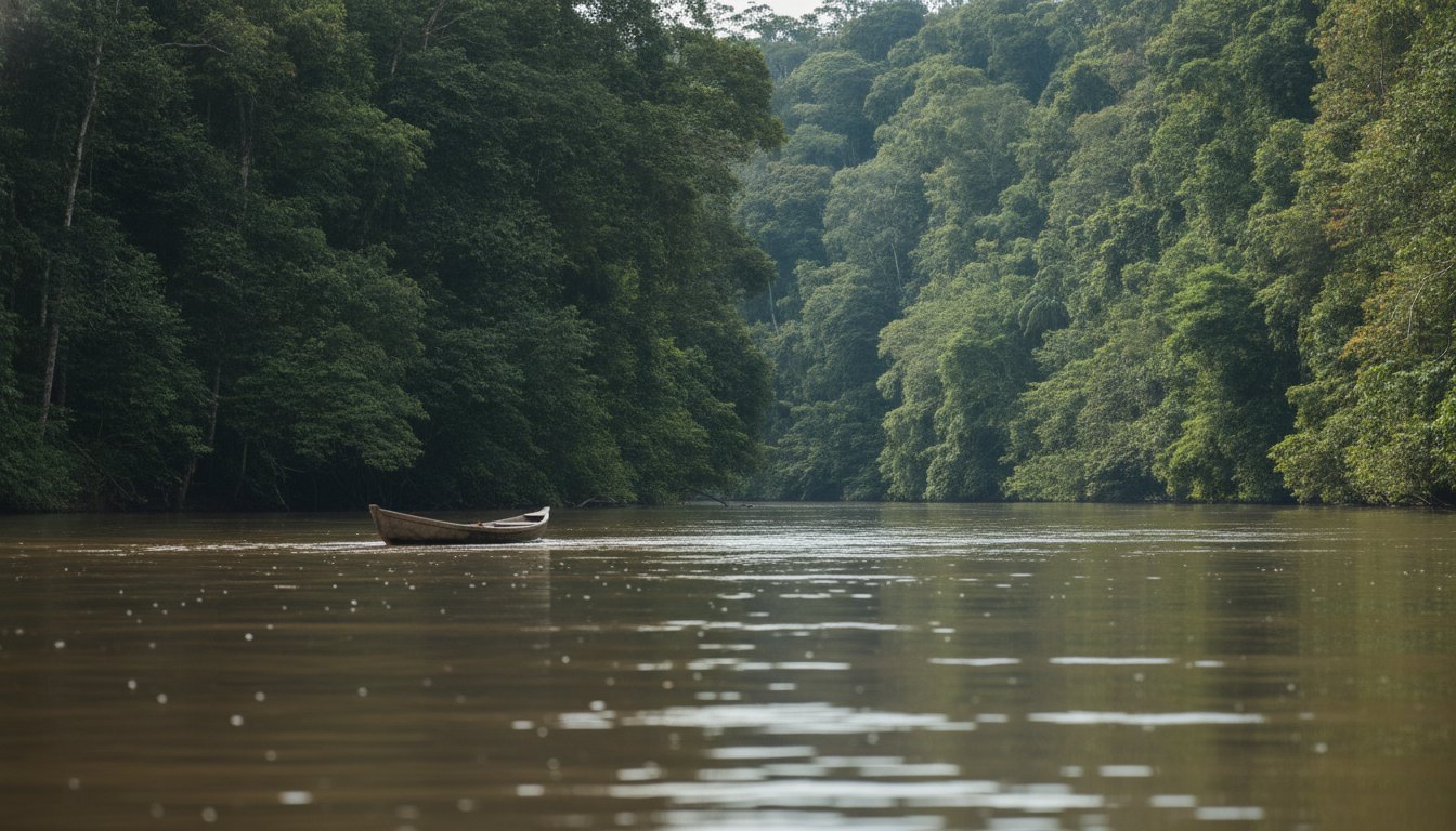 Indígenas em canoa de madeira navegando pelas águas de um rio cercado por floresta densa.