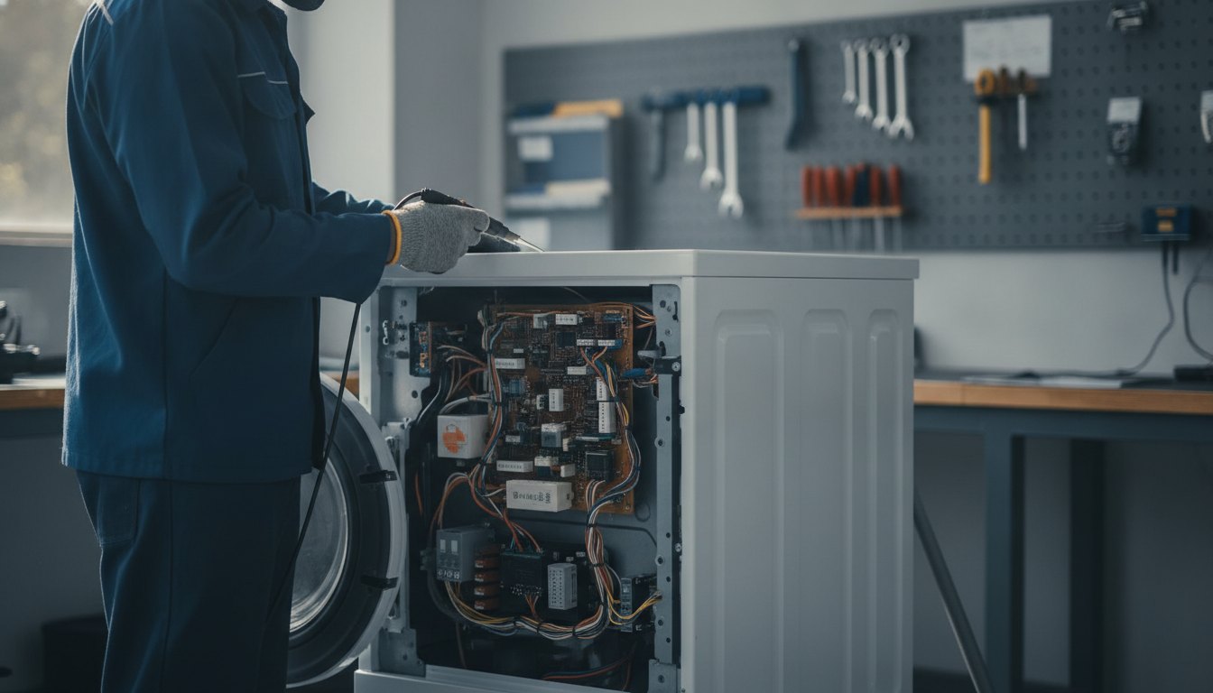 Técnico com uniforme azul inspecionando o painel de controle aberto de uma máquina de lavar branca.