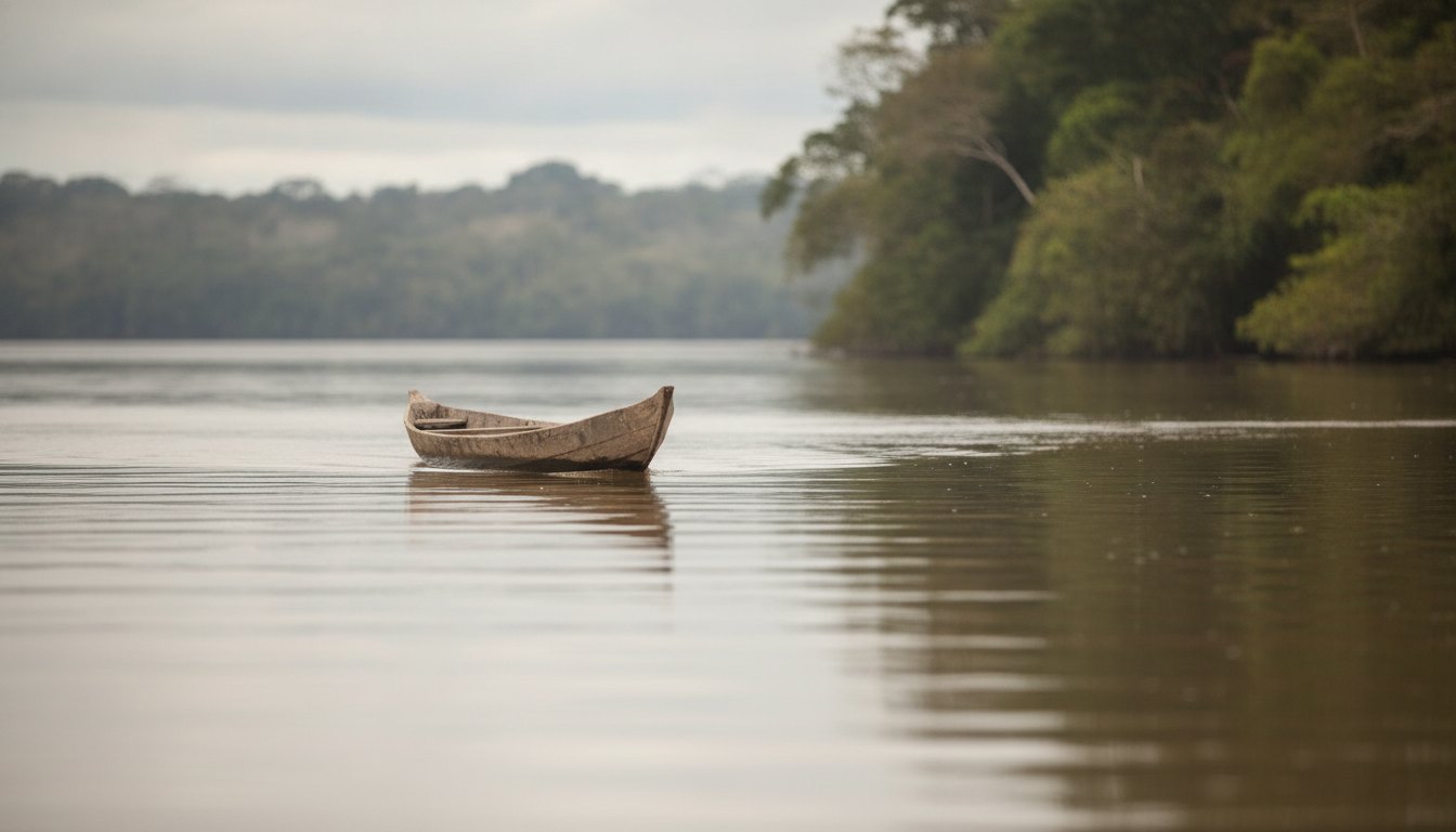 Pessoas indígenas navegando em uma canoa de madeira sobre as águas de um rio amazônico.