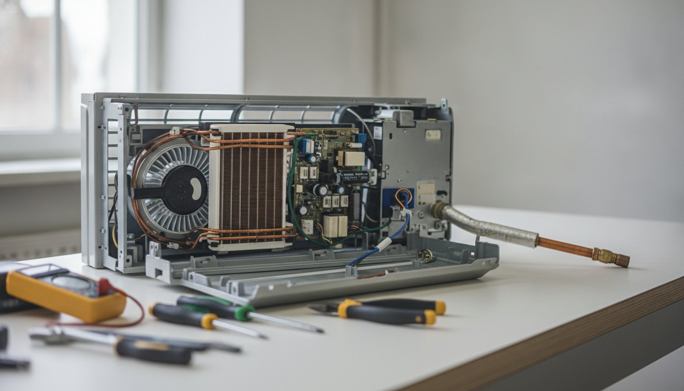 Técnico inspeciona os componentes internos de um ar-condicionado split com ferramentas manuais em uma bancada.