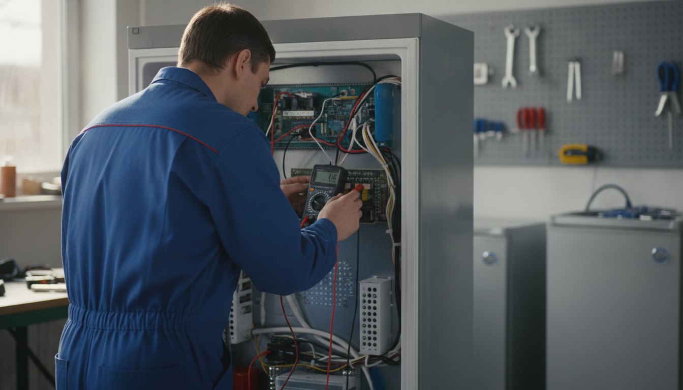 Técnico de uniforme azul inspeciona o painel elétrico aberto de uma geladeira com um multímetro.