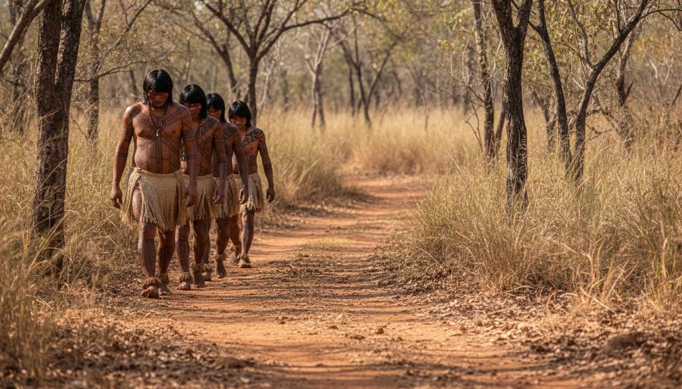 Indígenas com pinturas corporais tradicionais caminhando por uma trilha em área de cerrado.
