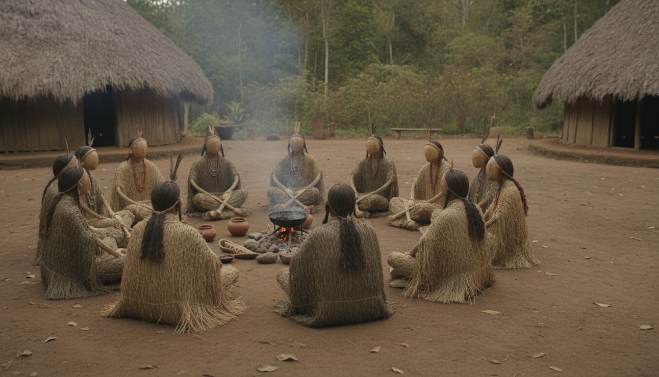 Indígenas sentados em roda conversando no pátio de terra de uma aldeia.