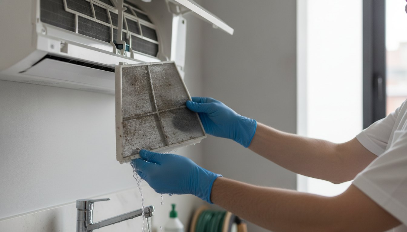 Técnico com luvas limpando o filtro sujo de um ar-condicionado de parede branco