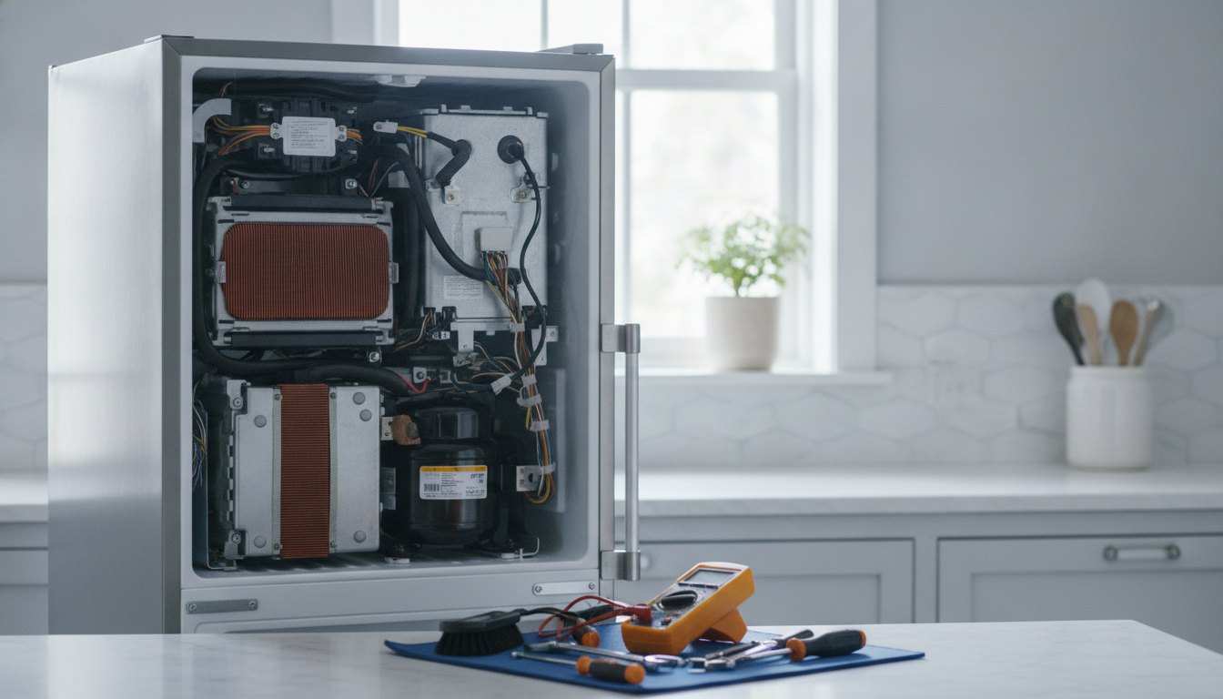 Técnico com ferramentas analisando o motor aberto de uma geladeira metálica em uma cozinha clara.