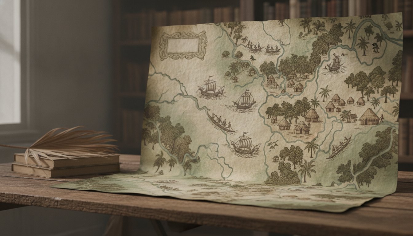 Mapa antigo da bacia amazônica com ilustrações de embarcações e aldeias indígenas ao longo dos rios.