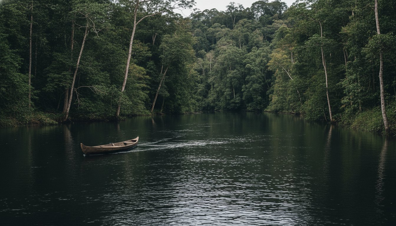 Canoa de madeira navegando pelas águas escuras de um rio cercado por floresta densa