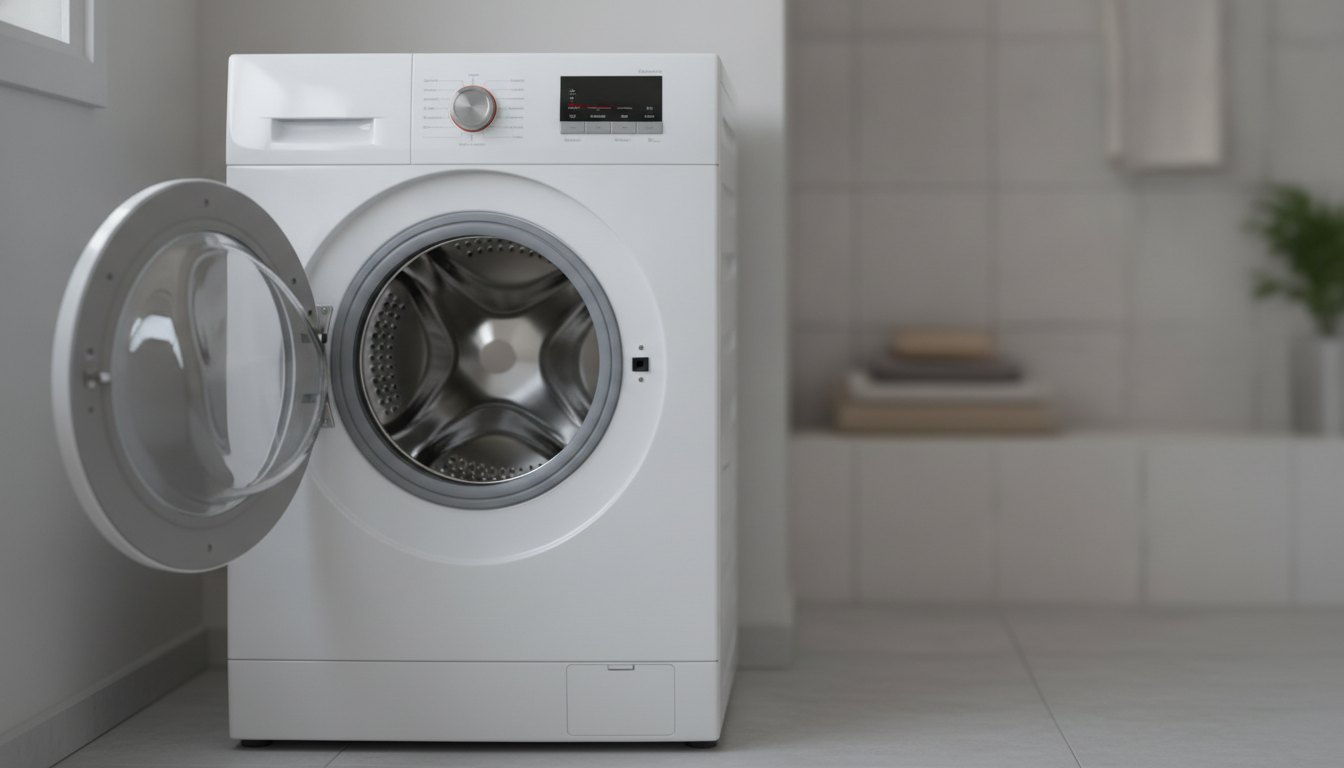 Máquina de lavar roupas branca com a tampa aberta mostrando o cesto interno de inox.
