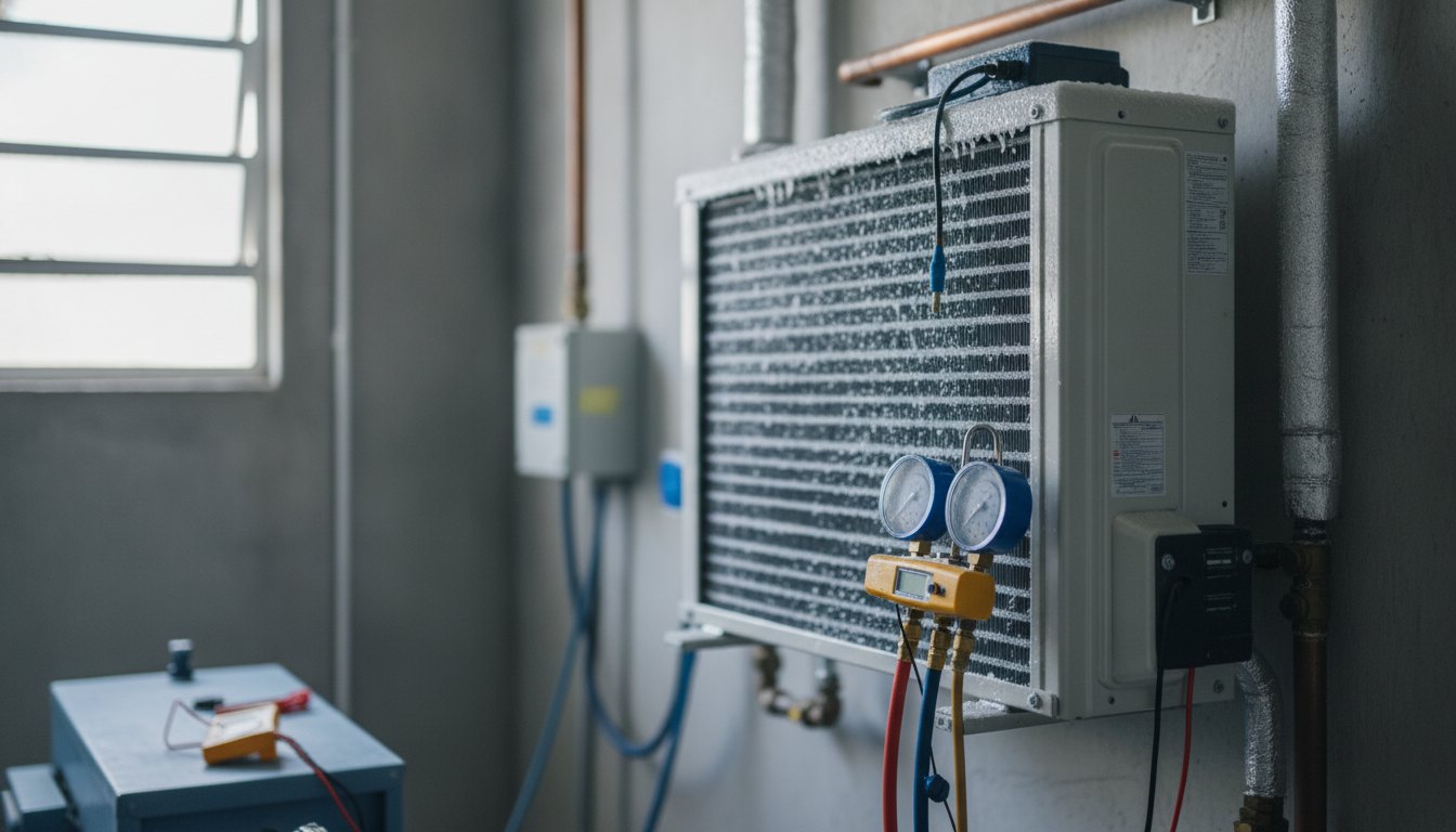 Técnico inspecionando o evaporador congelado de um aparelho de ar-condicionado com ferramentas de medição.