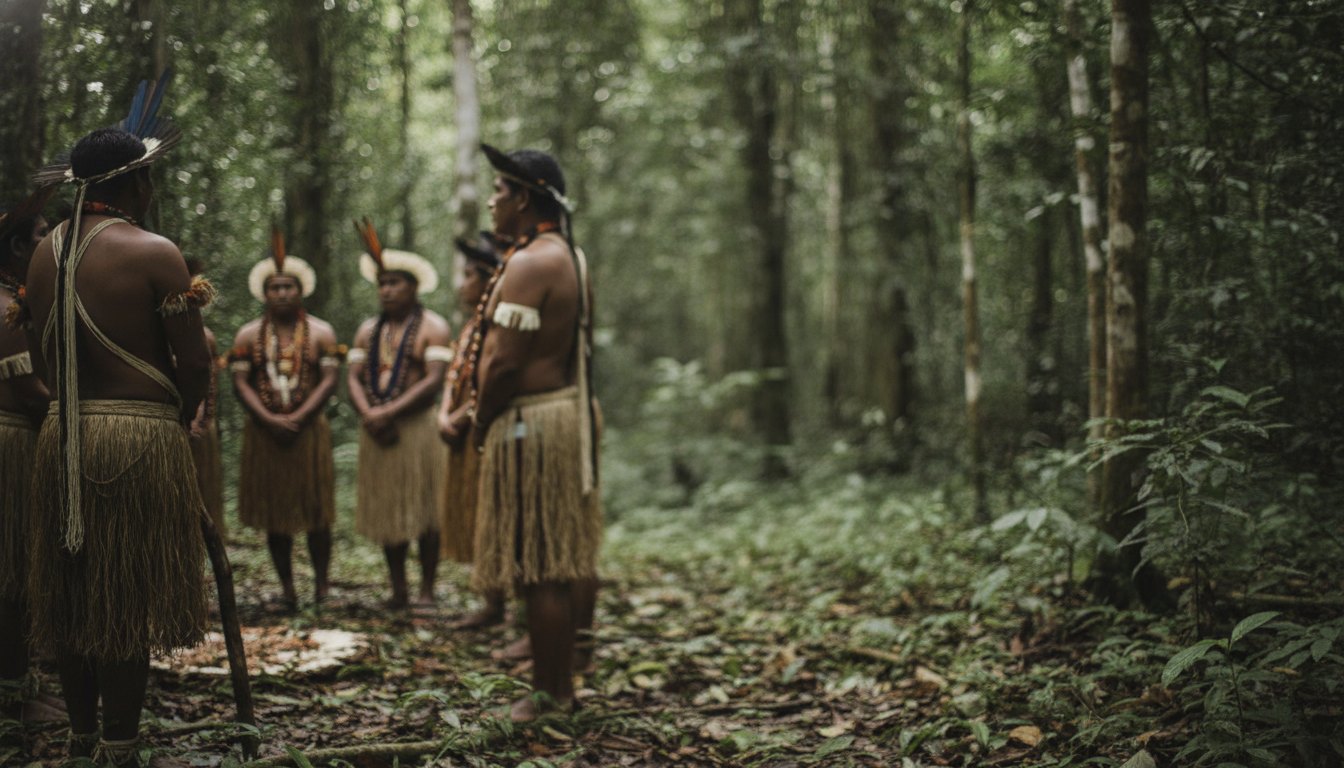 Indígenas em roda de conversa na floresta amazônica, com trajes tradicionais e colares de sementes.
