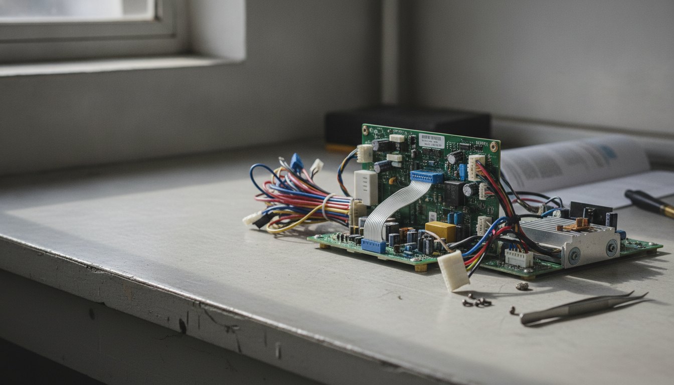 Placa eletrônica e conectores internos de um aparelho desmontado sobre uma bancada de manutenção técnica.