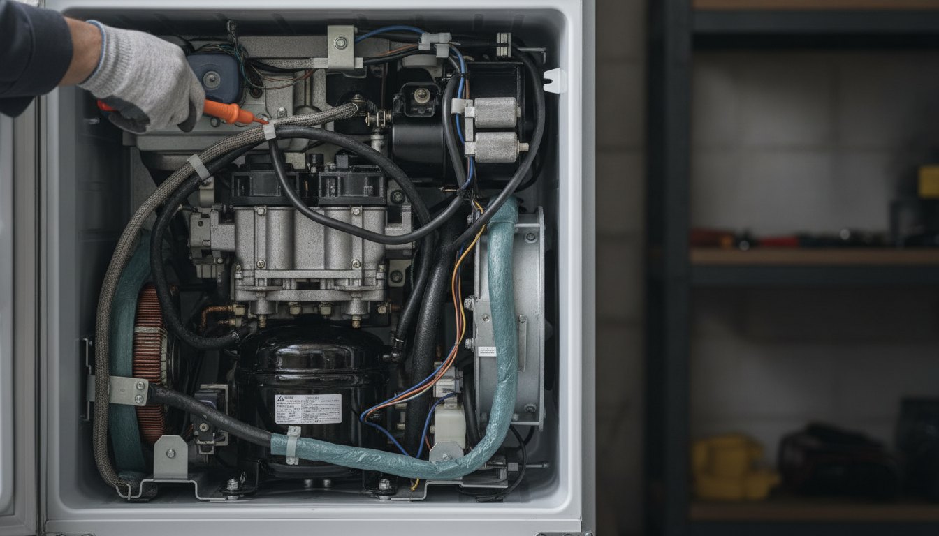 Técnico com luvas e ferramentas inspecionando o motor na parte traseira de um refrigerador doméstico
