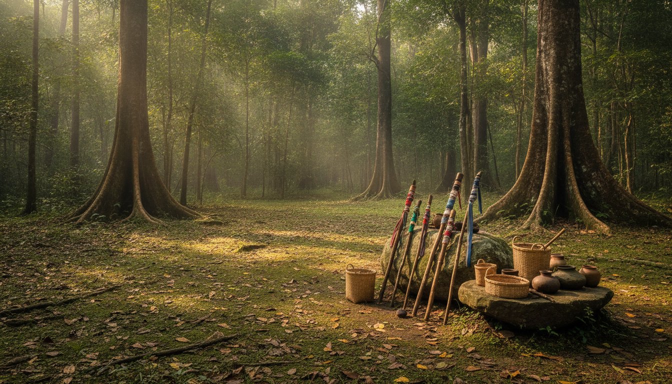 Grupo de indígenas conversando em uma clareira de floresta densa durante o período da manhã.
