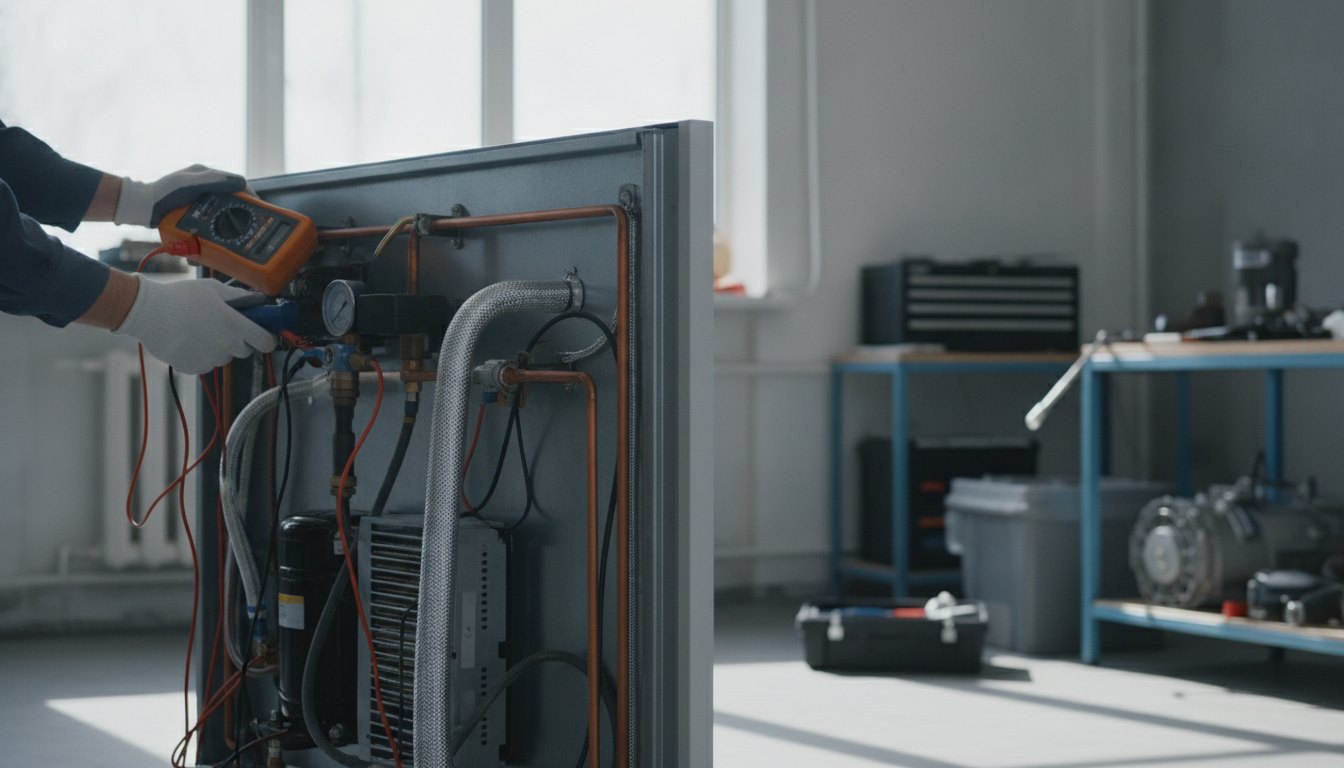 Técnico com luvas inspecionando a parte traseira de um refrigerador com ferramentas de medição em mãos.