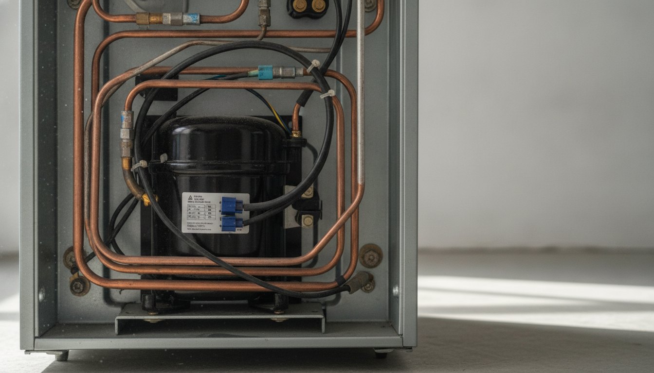 Parte traseira inferior de uma geladeira com o motor preto cercado por tubos e fios.