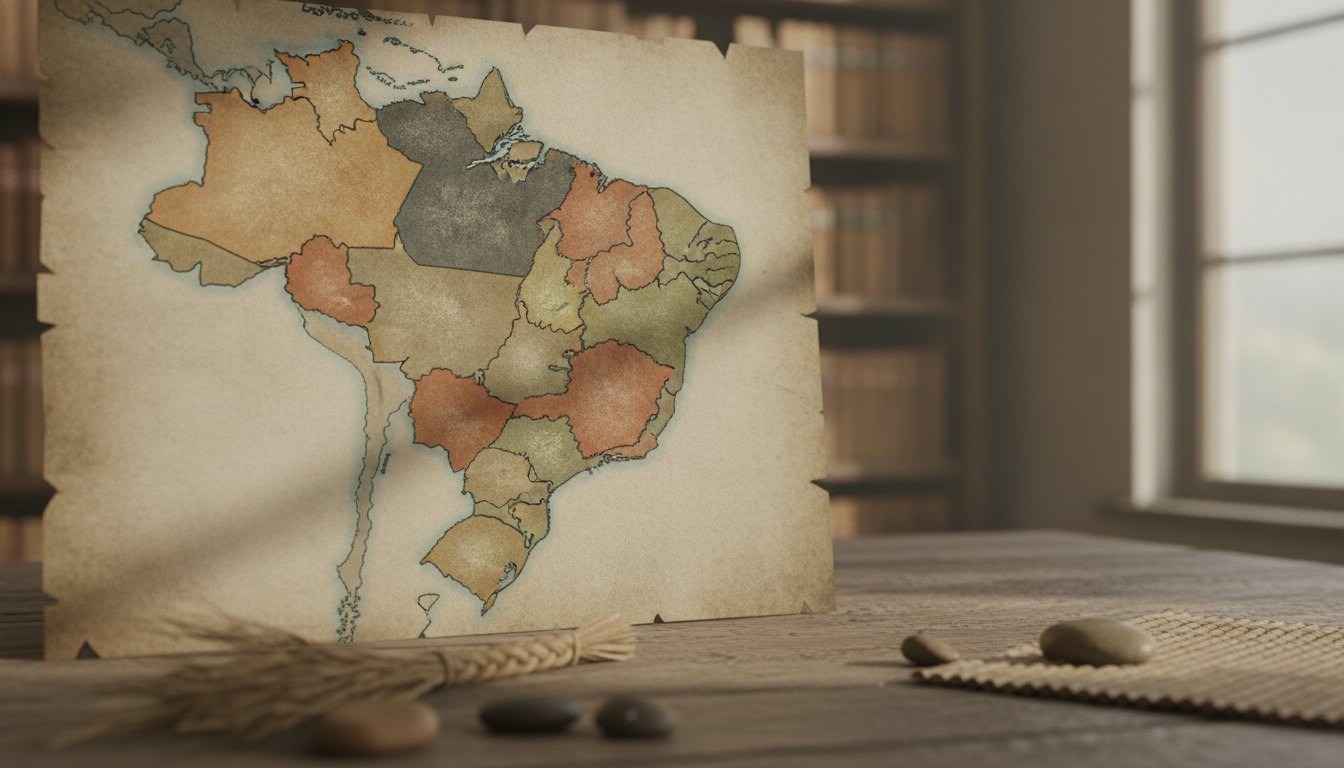 Mapa do Brasil com áreas destacadas indicando a localização de diferentes grupos indígenas