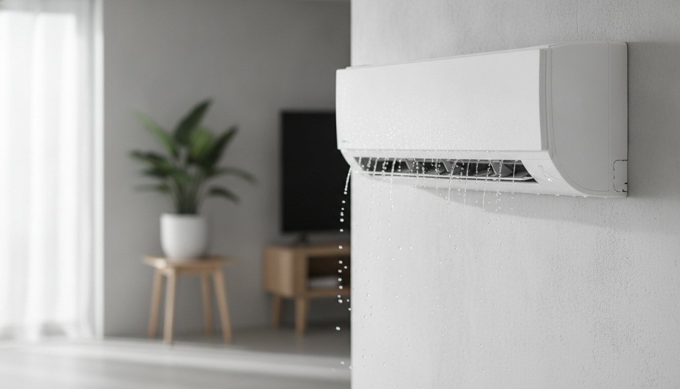 Unidade interna de ar-condicionado split branca instalada na parede com gotas de água caindo.