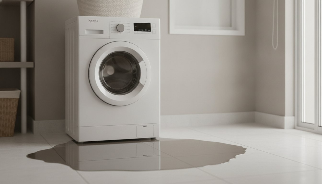 Máquina de lavar roupas branca com poça de água acumulada no piso de cerâmica da lavanderia.