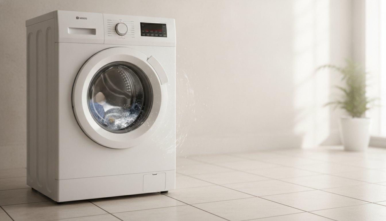 Máquina de lavar roupas branca em funcionamento vibrando sobre um piso de cerâmica clara.